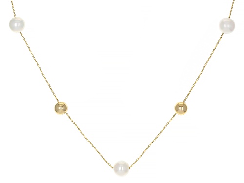 6mm White Cultured Freshwater Pearl 14k Yellow Gold Station Necklace - Size 18
