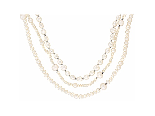 3-10mm White Cultured Freshwater Pearl Rhodium Over Sterling Silver Triple Row 20 Inch Necklace - Size 20