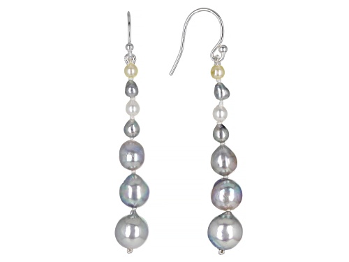 3-9mm Multi-Color Cultured Akoya Pearl Rhodium Over Sterling Silver Graduated Earrings
