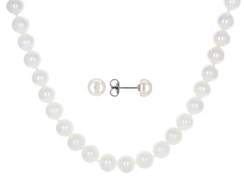7-8mm White Cultured Freshwater Pearl Rhodium Over Sterling Silver 18 Inch Necklace And Earring Set