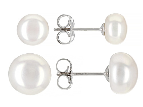 7-7.5mm And 9-10mm White Cultured Freshwater Pearl Rhodium Over Sterling Silver Earrings Set of Two