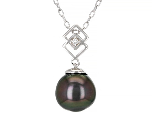 8-9mm Cultured Tahitian Pearl and White Topaz Rhodium Over Sterling Silver Pendant and Chain