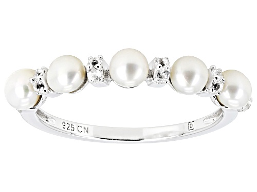 3.5-4mm White Cultured Freshwater Pearl And .12ctw White Topaz Rhodium Over Sterling Silver Ring - Size 7