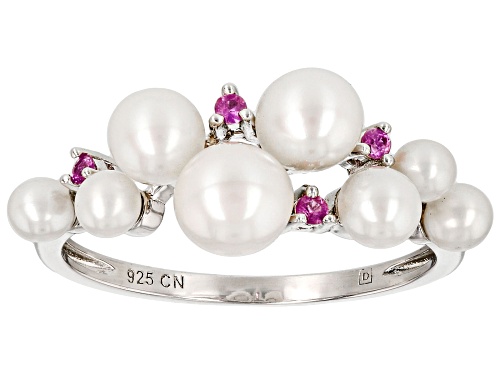 3-5.5mm White Cultured Freshwater Pearl And .10ctw Pink Sapphire Rhodium Over Sterling Silver Ring - Size 7