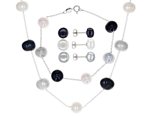 Photo of 8-9mm Mutli-Color Cultured Freshwater Pearl Rhodium Over Sterling Necklace Bracelet And Earring Set