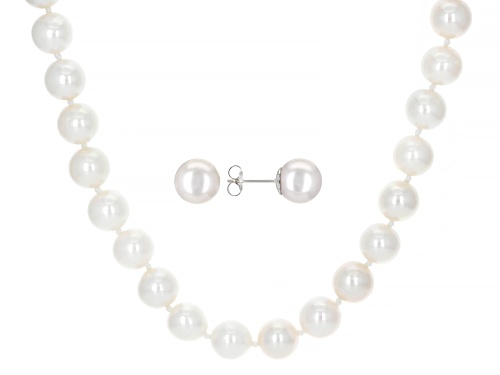 9-10mm White Cultured Freshwater Pearl Rhodium Over Sterling Silver Necklace And Earring Set