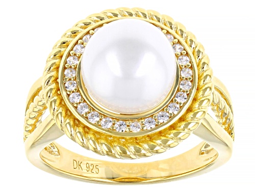 10mm White Cultured Freshwater Pearl And White Zircon 18k Yellow Gold Over Sterling Silver Ring - Size 7