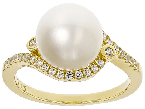 9-10mm White Cultured Freshwater Pearl and White Zircon 18k Yellow Gold Over Sterling Silver Ring - Size 12