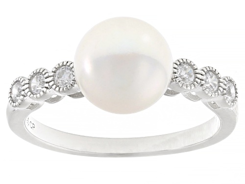 8mm White Cultured Freshwater Pearl and 0.35ctw Bella Luce™ Rhodium Over Sterling Silver Ring - Size 12