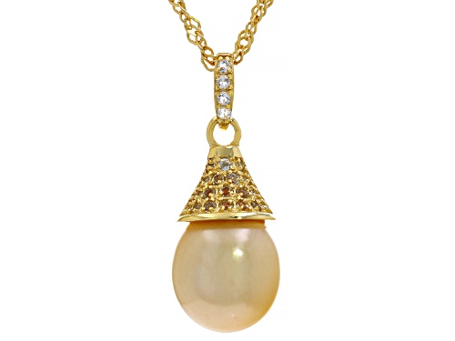 11mm Golden Cultured South Sea Pearl & White Topaz Accent 18k Yellow Gold Over Silver Pendant/Chain