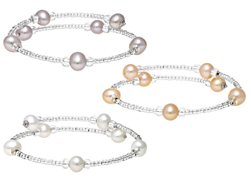 6-7mm Light Multi-Color Cultured Freshwater Pearl And Glass Bead Sterling Silver Bangle Set