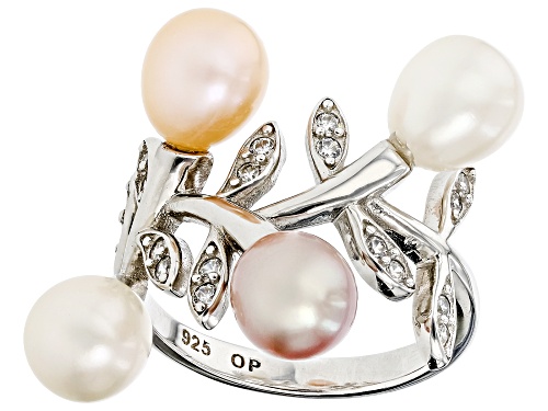 Multi-Color Cultured Freshwater Pearl and Bella Luce® Cubic Zirconia Rhodium Over Sterling Ring - Size 6