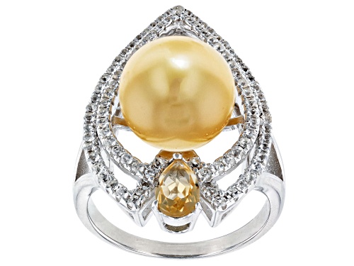 11mm Golden Cultured South Sea Pearl, 2.20ct Citrine & 1.20ctw White Topaz Rhodium Over Silver Ring - Size 12