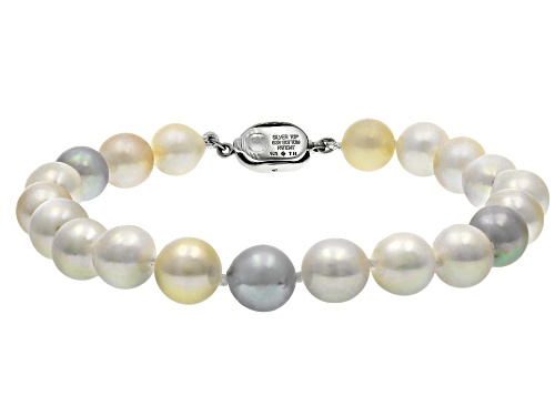 8-9mm Multi-Color Cultured Japanese Akoya Pearl Rhodium Over Sterling Silver Bracelet - Size 8
