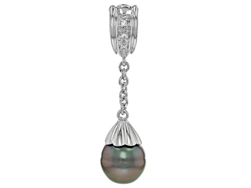 9-10mm Platinum Cultured Tahitian Pearl and Topaz Accented Rhodium Over Sterling Silver Enhancer