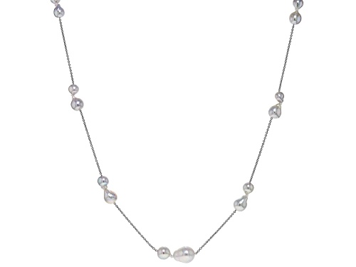 6-8mm Multicolor Cultured Japanese Akoya Pearl Rhodium Over 14k White Gold Station Necklace - Size 18