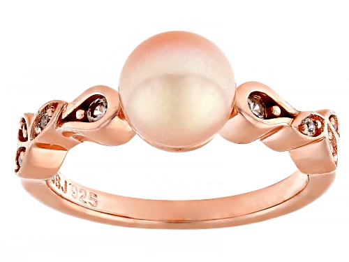 7.5-8mm Peach Cultured Freshwater Pearl and White Zircon 14k Rose Gold Over Sterling Silver Ring - Size 12