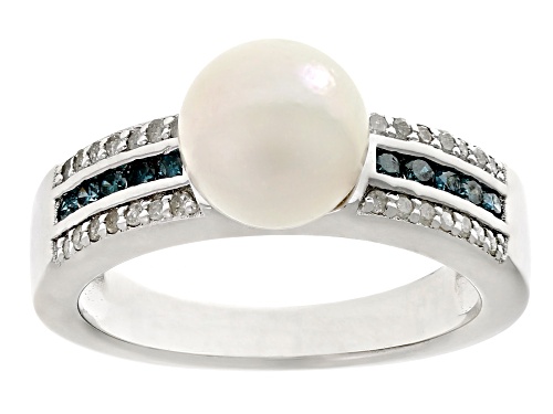 8-9mm White Cultured Japanese Akoya Pearl and Blue & White Diamond Rhodium Over Sterling Silver Ring - Size 8