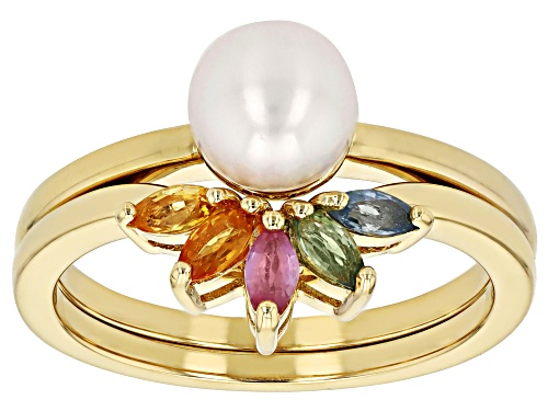 6-6.5mm White Cultured Freshwater Pearl & Multicolor Sapphire 18k Gold Over Sterling Silver Ring Set - Size 10