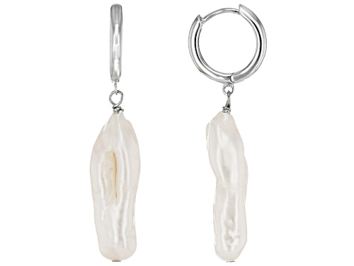 6-7mm White Cultured Freshwater Pearl Rhodium Over Sterling Silver Dangle Earrings