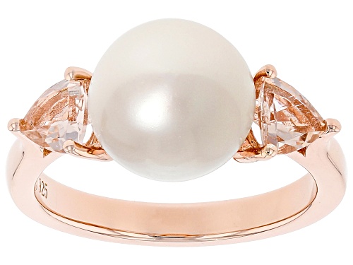 9-10mm White Cultured Freshwater Pearl and Morganite 18k Rose Gold Over Sterling Silver Ring - Size 10