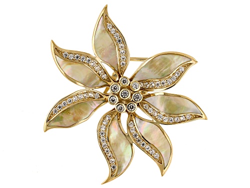 Golden South Sea Mother-of-Pearl and White Zircon 18k Gold Over Sterling Silver Brooch Pendant