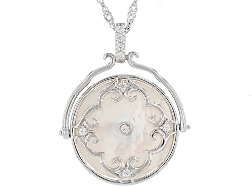 White Mother-of-Pearl and 0.18ctw White Zircon Rhodium Over Sterling Silver Pendant with Chain