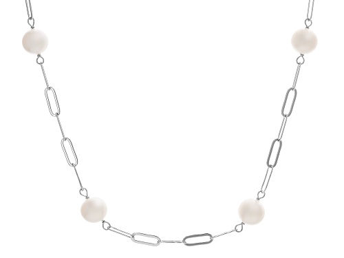 7.5-8mm White Cultured Freshwater Pearl Rhodium Over Sterling Silver Station Necklace - Size 18