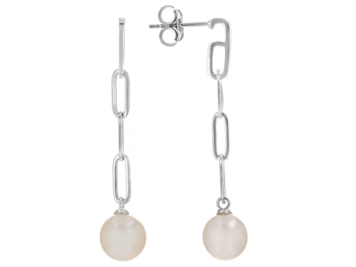 8.5-9mm White Cultured Freshwater Pearl Rhodium Over Sterling Silver Paperclip Chain Earrings