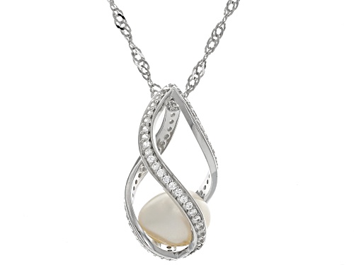 10mm White Cultured Freshwater Pearl and White Zircon Rhodium Over Sterling Silver Pendant w/Chain