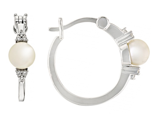 5-5.5mm White Cultured Freshwater Pearl and White Zircon Rhodium Over Sterling Silver Hoop Earrings
