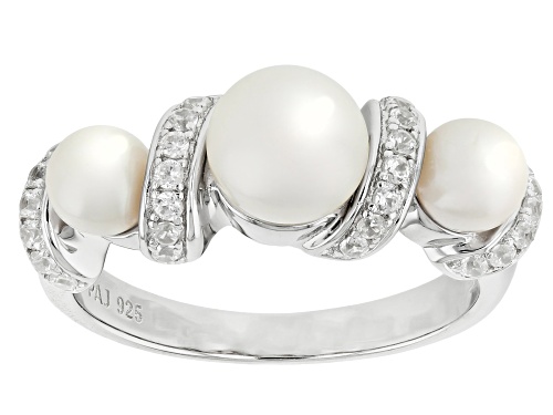 4.5-7mm White Cultured Freshwater Pearl and White Zircon Rhodium Over Sterling Silver Ring - Size 9