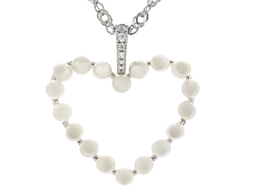 2.5-3mm White Cultured Freshwater Pearl and White Zircon Rhodium Over Sterling Silver Heart Pendant