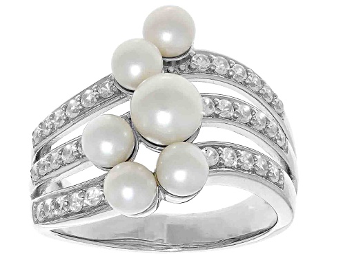 3.5-5.5mm White Cultured Freshwater Pearl and White Zircon Rhodium Over Sterling Silver Ring - Size 11