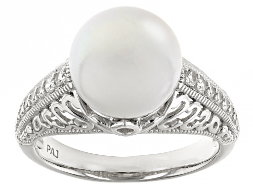 10-10.5mm White Cultured Freshwater Pearl and White Zircon Rhodium Over Sterling Silver Ring - Size 11