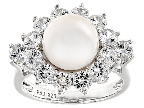 9.5-10mm White Cultured Freshwater Pearl and White Zircon Rhodium Over Sterling Silver Halo Ring - Size 11