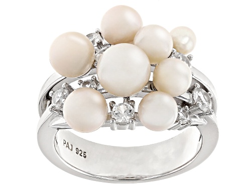 3-6.5mm White Cultured Freshwater Pearl and White Zircon Rhodium Over Sterling Silver Cluster Ring - Size 7