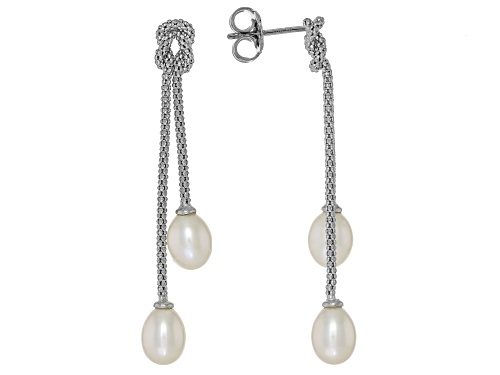 7-7.5mm White Cultured Freshwater Pearl Rhodium Over Sterling Silver Dangle Rope Earrings