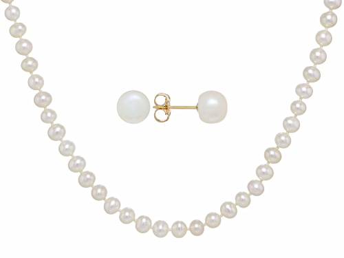 6-7mm White Cultured Freshwater Pearl 14k Yellow Gold Necklace and Earrings Set
