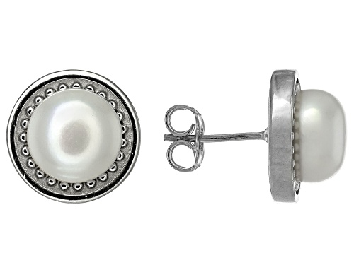 9-10mm White Cultured Freshwater Pearl Rhodium Over Sterling Silver Button Stud Earrings