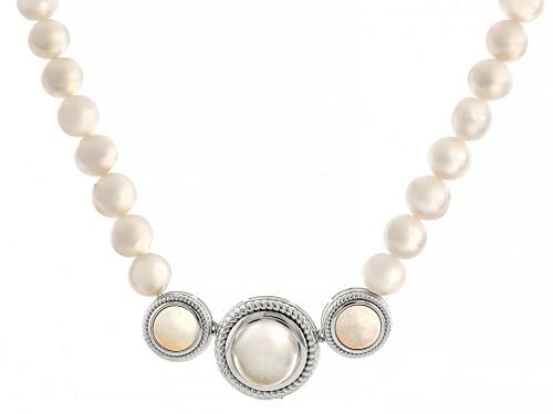 8mm and 12mm Cultured Freshwater Pearl and 8mm Ethiopian Opal Rhodium Over Sterling Silver Necklace - Size 18