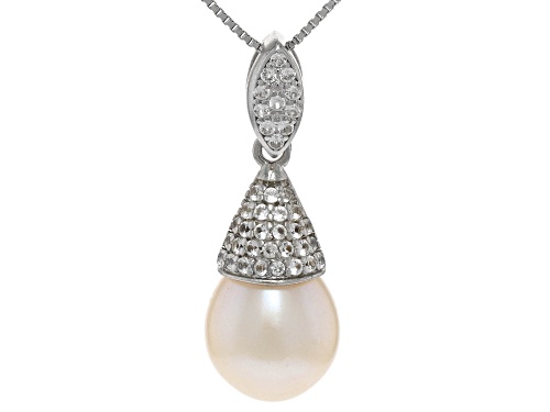 9-10mm White Cultured Freshwater Pearl and Lab Sapphire Rhodium Over Sterling Silver Pendant