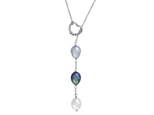 8-9mm White, Black and Grey Cultured Freshwater Pearl Sterling Silver Lariat Heart Necklace - Size 22