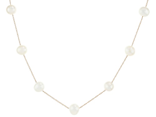6-7mm White Cultured Freshwater Pearl 14k Yellow Gold Station Necklace - Size 18