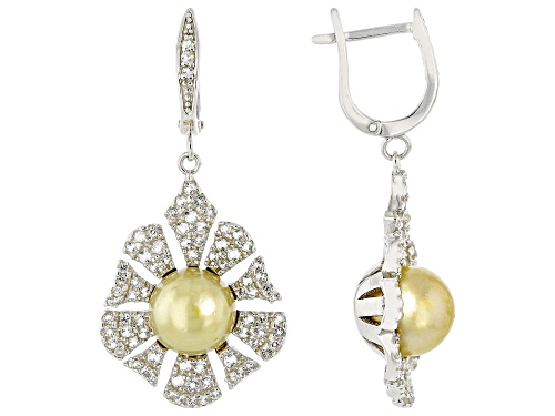 9-10mm Golden Cultured South Sea Pearl and White Topaz Rhodium Over Sterling Silver Earrings