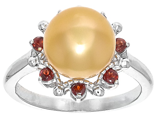 8-9mm Golden Cultured South Sea Pearl and Garnet Rhodium Over Sterling Silver Ring - Size 7