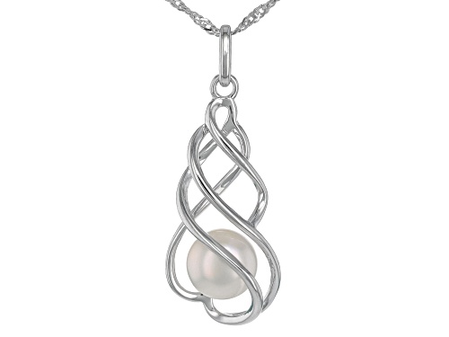 7-8mm White Cultured Freshwater Pearl Rhodium Over Sterling Silver Pendant with Chain