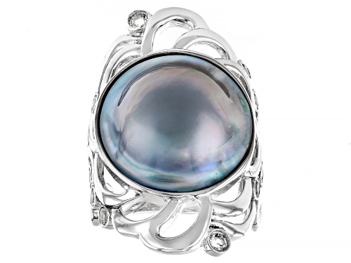 15mm Platinum Cultured South Sea Mabe Pearl With White Topaz Rhodium Over Sterling Silver Ring - Size 9