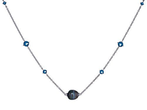 9-10mm Cultured Tahitian Pearl and London Blue Topaz Rhodium Over Sterling Silver 20" Necklace - Size 20