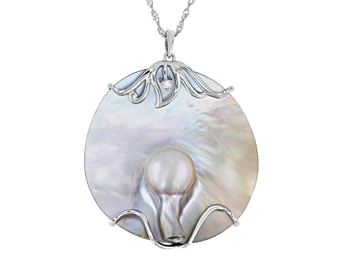 40mm Platinum Cultured South Sea Blister Pearl & White Zircon Rhodium Over Sterling Silver Pendant